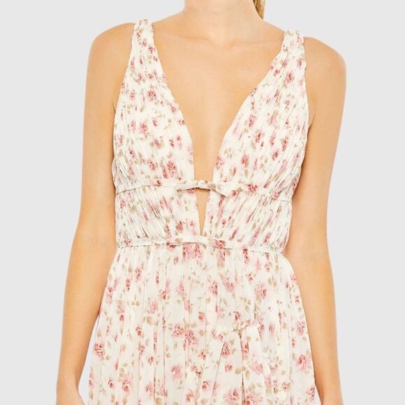 MAC DUGGAL  White Multicolor Floral Print Sleeveless Ruffled High-Low Gown - Picture 3 of 13